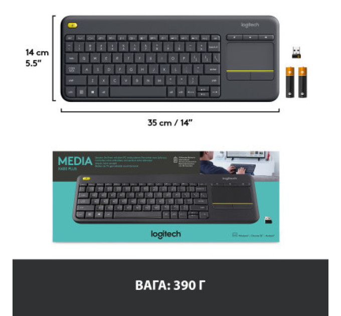 Logitech Клавіатура Logitech K400 Plus Touch Wireless UA Black (920-007145)
