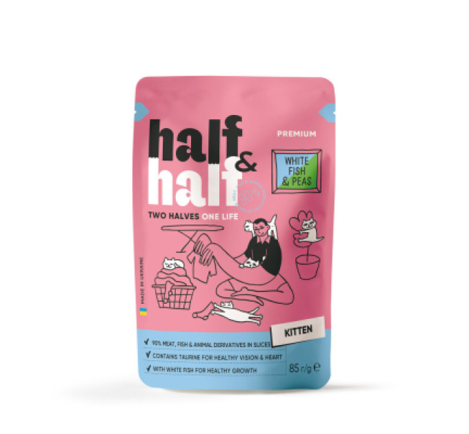 Half&Half Вологий корм для кішок Half&Half для кошенят з білою рибою та горохом в желе 85 г (4820261921939)