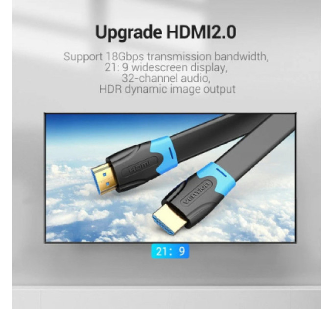 Vention Кабель мультимедійний HDMI M to HDMI M 8.0m V2.0 4K60Hz PVC flat black Vention (AAKBK)
