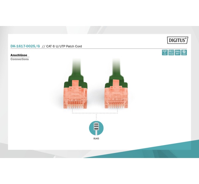 Патч-корд DIGITUS CAT 6 UTP, 0.25м, AWG 26/7, Cu, LSZH, зелений
