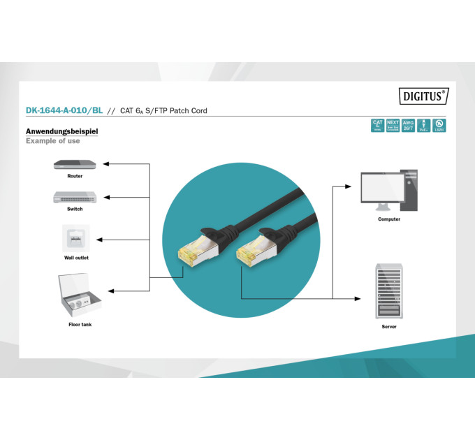 Патч-корд DIGITUS CAT 6a S-FTP, 1м, AWG 26/7, Cu, LSZH, чорний