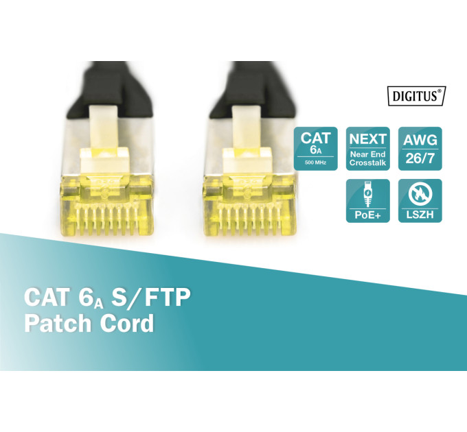 Патч-корд DIGITUS CAT 6a S-FTP, 1м, AWG 26/7, Cu, LSZH, чорний