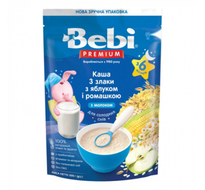 Bebi Дитяча каша Bebi Premium молочна 3 злаки з яблуком та ромашкою +6 міс. 200 г (8606019654399)