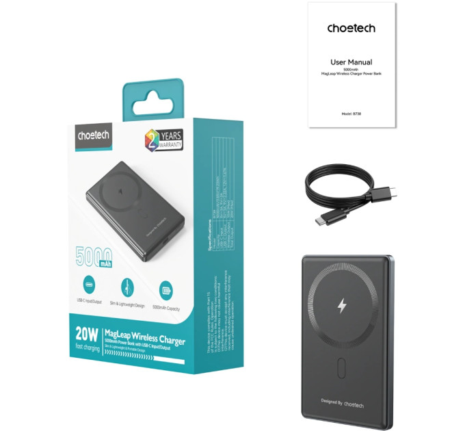 Choetech Батарея універсальна Choetech Magnetic Wireless 5000mAh, 20W, PD, Qi-15W, Black (B738-CCBK)