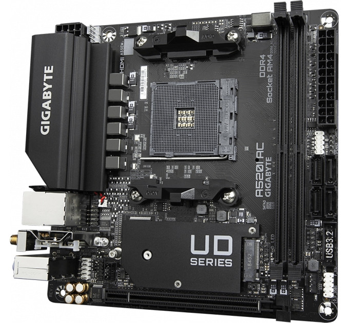 GIGABYTE Материнська плата GIGABYTE A520I AC sAM4 A520 2xDDR4 M.2 HDMI DP Wi-Fi BT mITX