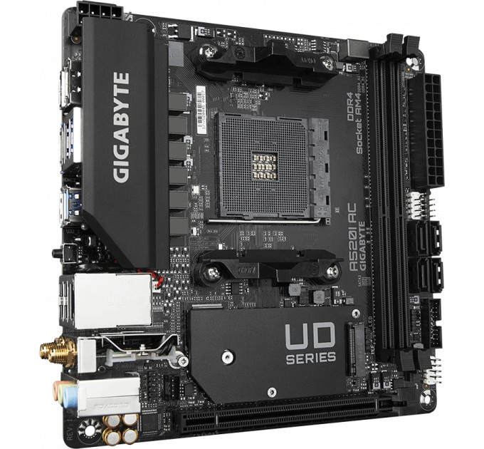 GIGABYTE Материнська плата GIGABYTE A520I AC sAM4 A520 2xDDR4 M.2 HDMI DP Wi-Fi BT mITX