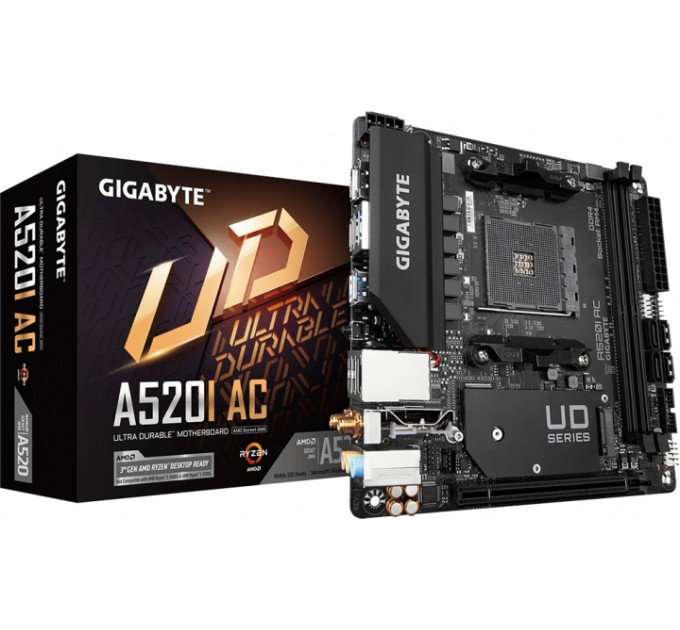GIGABYTE Материнська плата GIGABYTE A520I AC sAM4 A520 2xDDR4 M.2 HDMI DP Wi-Fi BT mITX