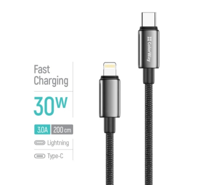 Дата кабель USB-C to Lightning 2.0m PD30W zinc alloy braided black ColorWay (CW-CBPDCL099-BK)