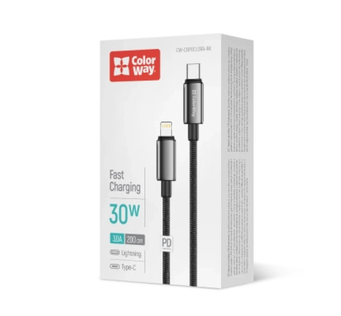 Дата кабель USB-C to Lightning 2.0m PD30W zinc alloy braided black ColorWay (CW-CBPDCL099-BK)