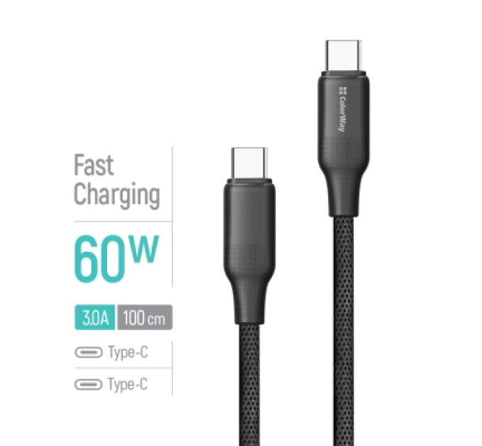 Дата кабель USB-C to USB-C 1.0m 3A 60W TPE embossed black ColorWay (CW-CBPDCC101-BK)