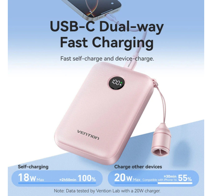 Vention Батарея універсальна Vention 10000mAh, 22.5W, PD, QC, Pink (FKAP0-C)