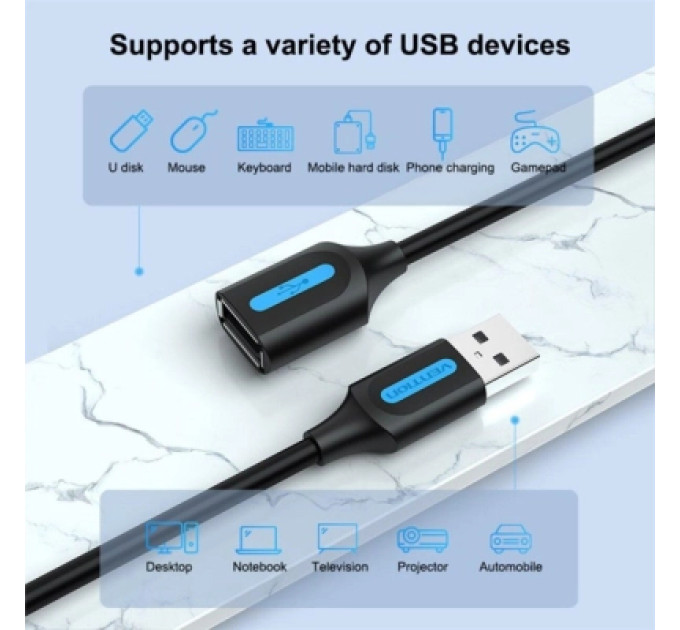 Дата кабель USB 2.0 AM/AF 2.0m black Vention (CBIBH)