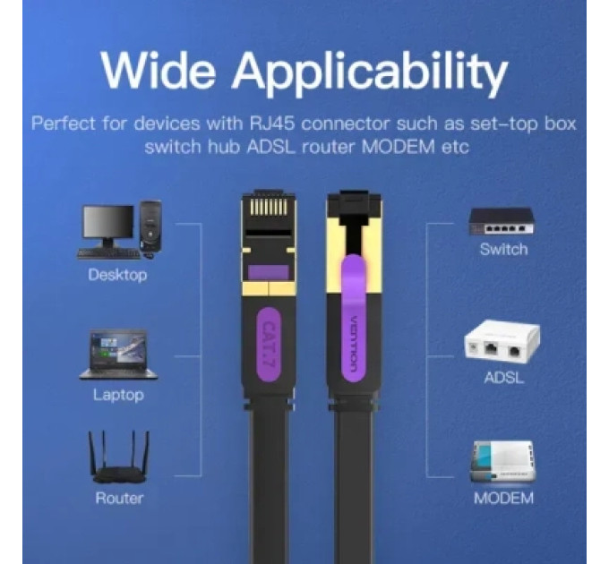 Патч-корд Flat Cat.7 Patch Cable 0.5M Black VENTION (ICABD)