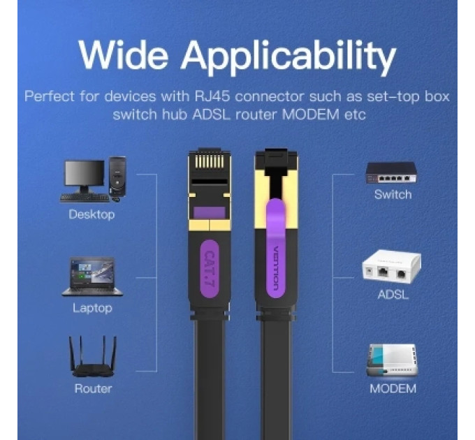 Патч-корд Flat Cat.7 Patch Cable 1M Black VENTION (ICABF)