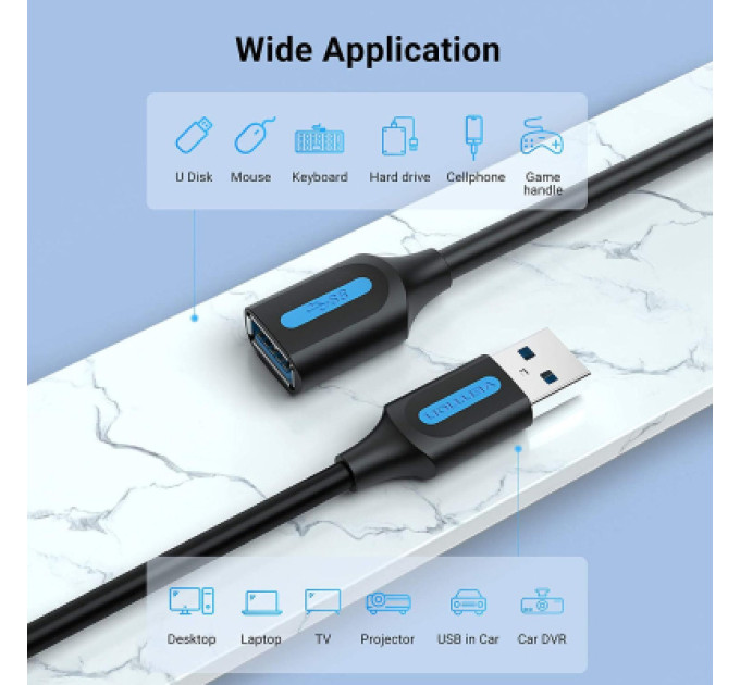 Vention Дата кабель USB 3.0 A Male to A Female Extension Cable 0.5M black PVC Type VENTION (CBHBD)