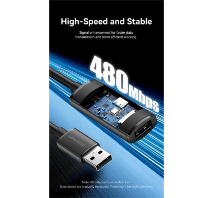 Дата кабель USB 2.0 Type-A Male to Type-A Female Active Extension Cable 10M Black VENTION (CBKBL)