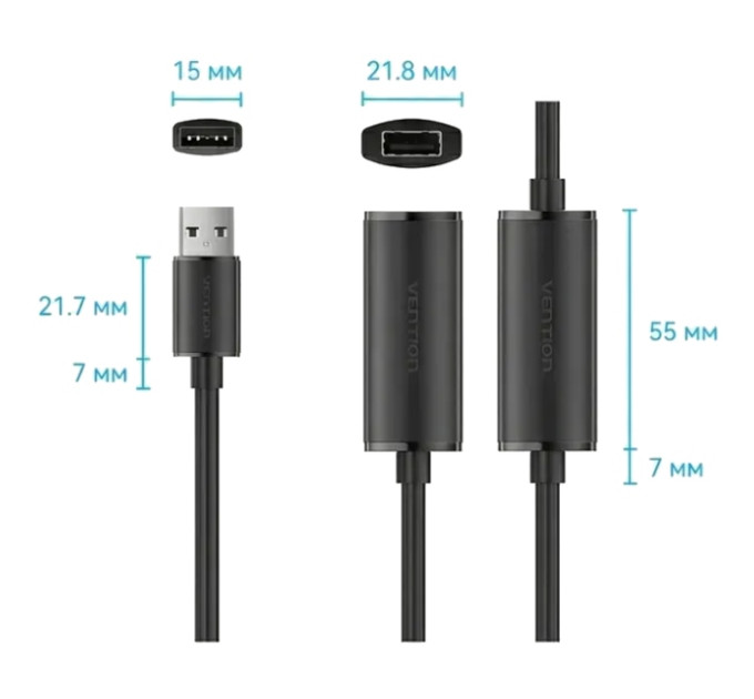 Vention Дата кабель USB 2.0 Type-A Male to Type-A Female Active Extension Cable 10M Black VENTION (CBKBL)