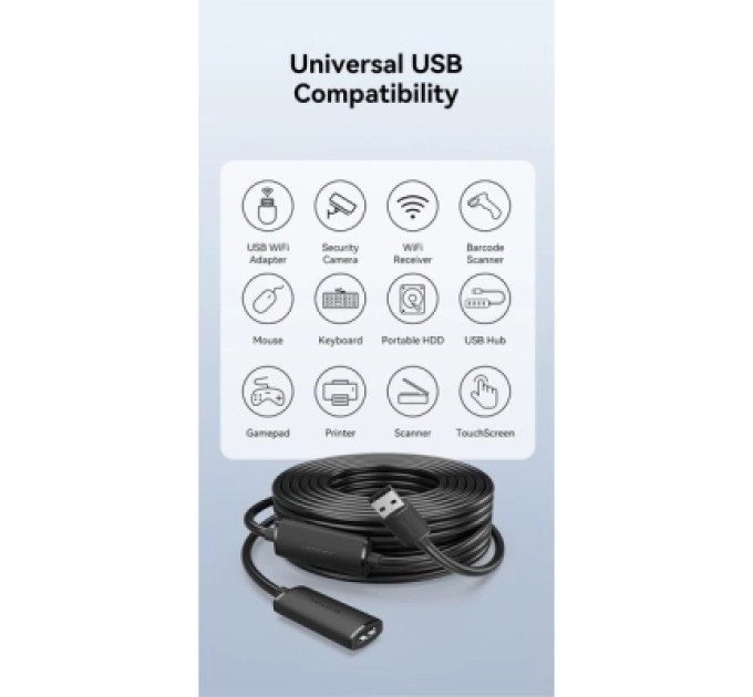 Дата кабель USB 2.0 Type-A Male to Type-A Female Active Extension Cable 10M Black VENTION (CBKBL)