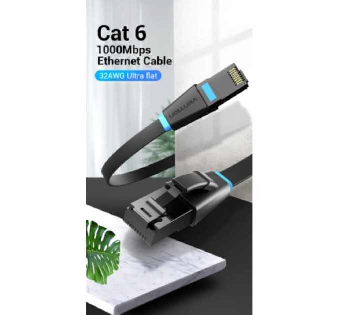 Патч-корд Flat Cat.6 UTP Patch Cable 2M Black Vention (IBJBH)