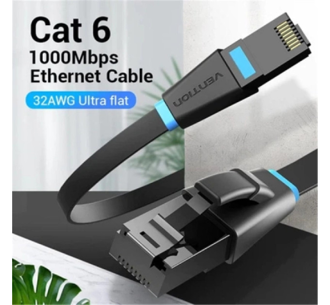 Патч-корд Flat Cat.6 UTP Patch Cable 10M Black Vention (IBJBL)