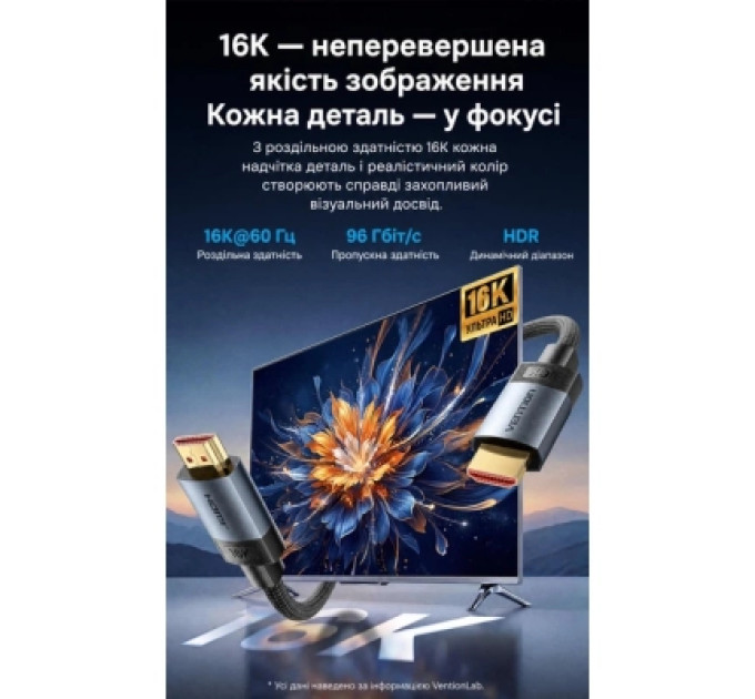 Кабель мультимедійний Fabric Braided HDMI-A Male to Male HD Cable 16K 2M Gray Vention (ALVHH)