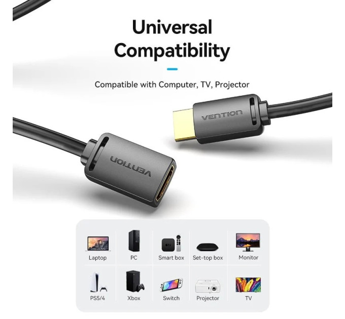 Vention Кабель мультимедійний HDMI-A Male to HDMI-A Female 4K HD Cable PVC Type 0.5M Black Vention (AHCBD)