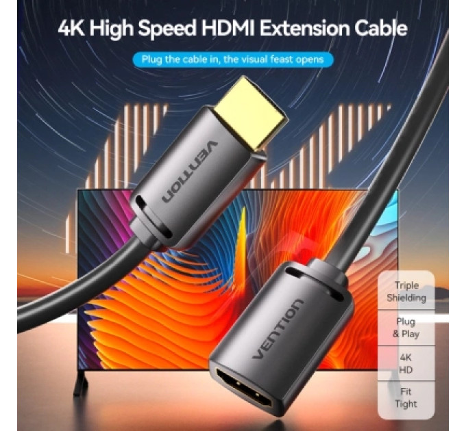 Кабель мультимедійний HDMI-A Male to HDMI-A Female 4K HD Cable PVC Type 0.5M Black Vention (AHCBD)