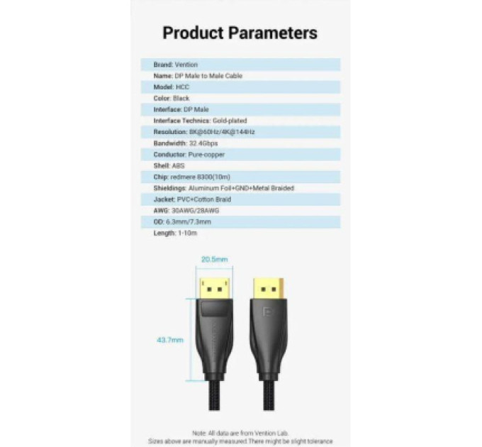 Vention Кабель мультимедійний Fabric Braided DP 2.1 Male to Male 80G HD Cable 1.5M Gray Aluminum Alloy Type Vention (HGCHG)