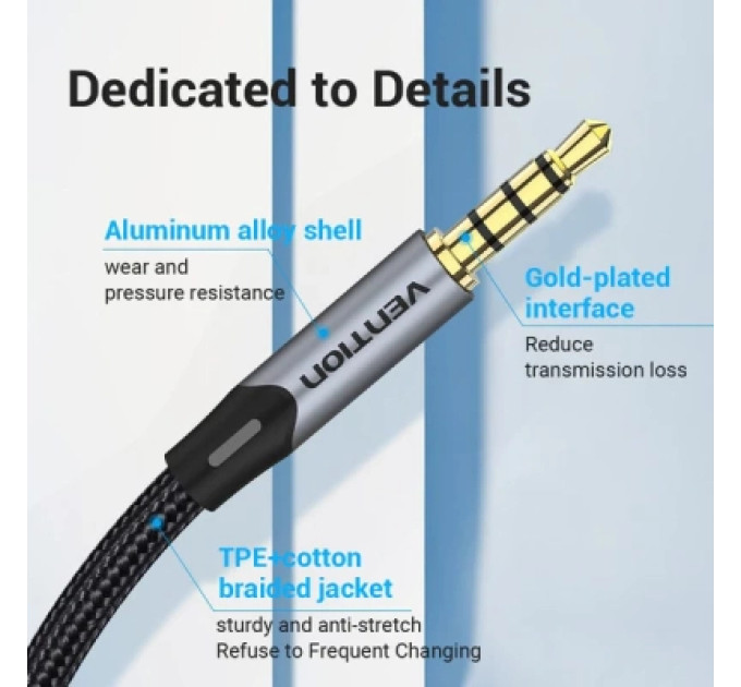 Кабель мультимедійний TRRS 3.5MM Male to Male Aux Cable 1.5M Gray Vention (BAQHG)