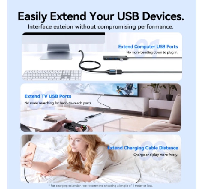 Дата кабель USB 3.2 A Male to A Female Extension Round Cable 2M Black PVC Type Vention (CBOBH)