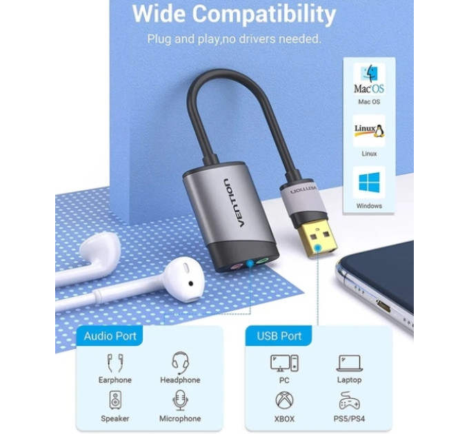 Vention Звукова плата USB External Sound Card 0.15M Gray Metal Type Vention (CDKHB)