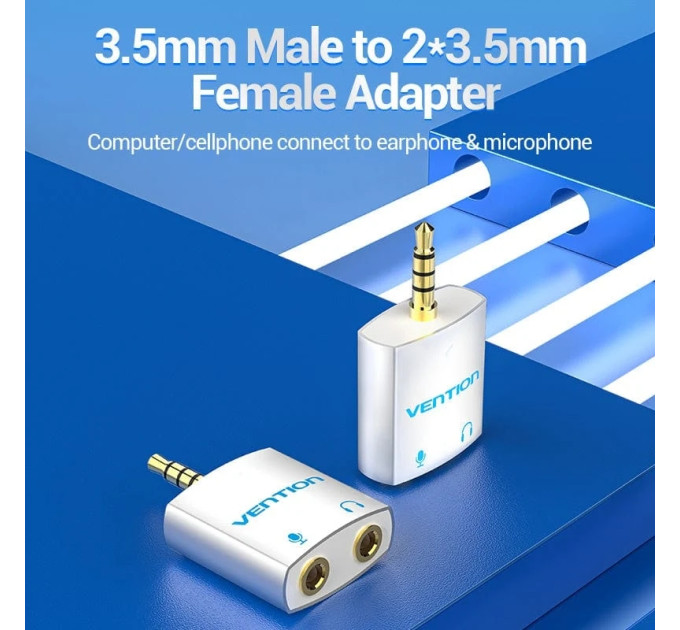 Vention Перехідник 4 Pole 3.5mm Male to 2*3.5mm Female Audio Adapter Silvery Metal Type Vention (BDBW0)