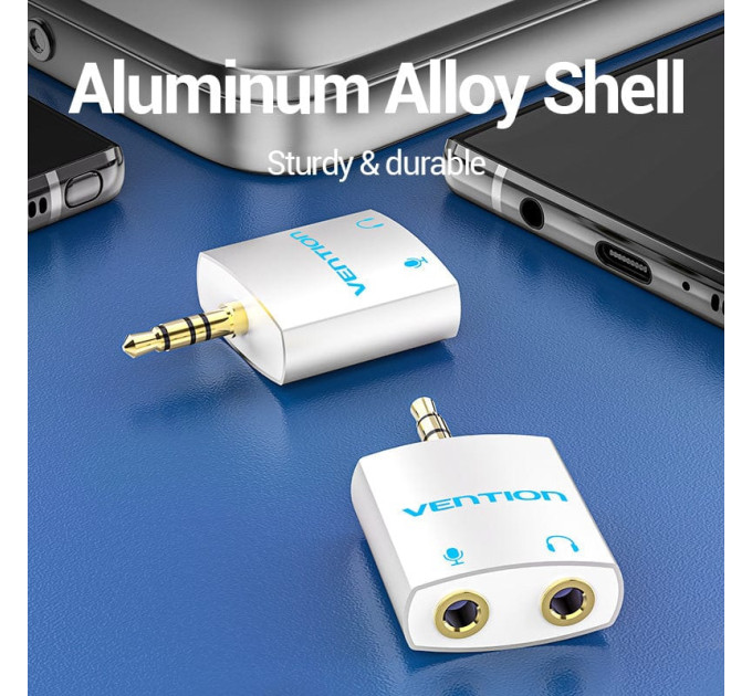 Vention Перехідник 4 Pole 3.5mm Male to 2*3.5mm Female Audio Adapter Silvery Metal Type Vention (BDBW0)
