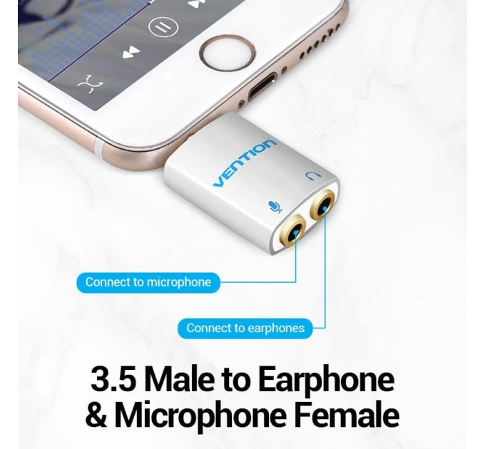 Vention Перехідник 4 Pole 3.5mm Male to 2*3.5mm Female Audio Adapter Silvery Metal Type Vention (BDBW0)