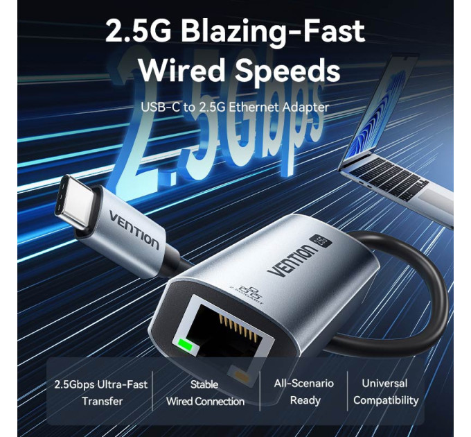 Vention Перехідник USB-C to 2.5 Gigabit Ethernet Adapter 0.15M Gray Aluminum Alloy Type Vention (CFTHB)