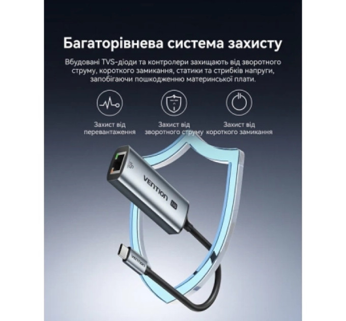 Перехідник USB-C to 2.5 Gigabit Ethernet Adapter 0.15M Gray Aluminum Alloy Type Vention (CFTHB)