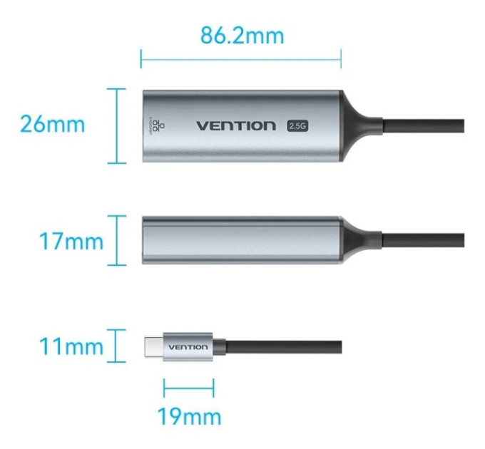 Vention Перехідник USB-C to 2.5 Gigabit Ethernet Adapter 0.15M Gray Aluminum Alloy Type Vention (CFTHB)