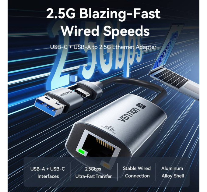 Vention Перехідник USB-C + USB-A to 2.5 Gigabit Ethernet Adapter 0.15M Gray Aluminum Alloy Type Vention (CFUHB)