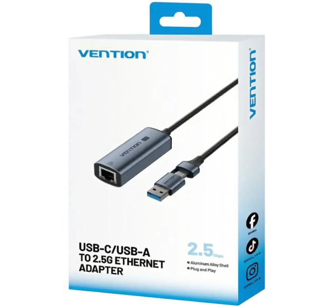 Vention Перехідник USB-C + USB-A to 2.5 Gigabit Ethernet Adapter 0.15M Gray Aluminum Alloy Type Vention (CFUHB)