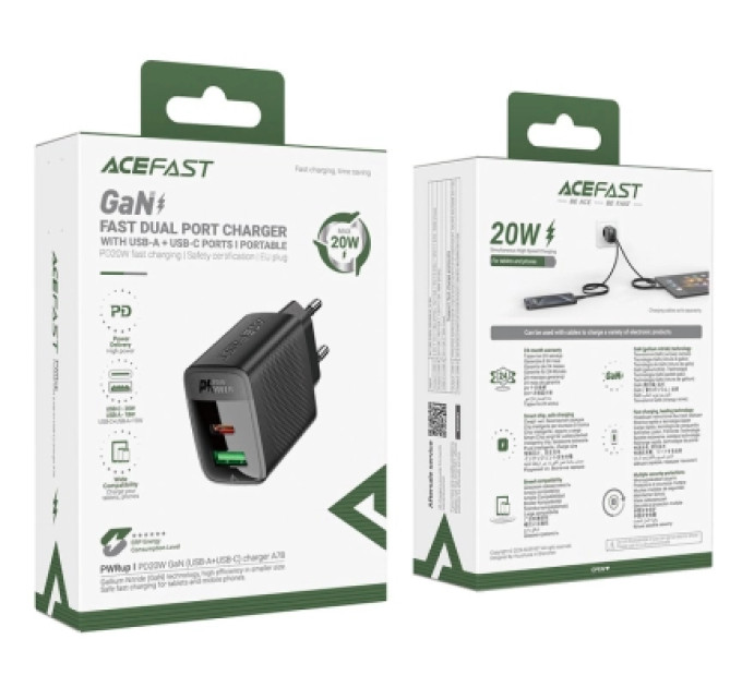 Acefast Зарядний пристрій Acefast A78 1xUSB-C PD20W + 1xUSB-A GaN Black (6974316283256)