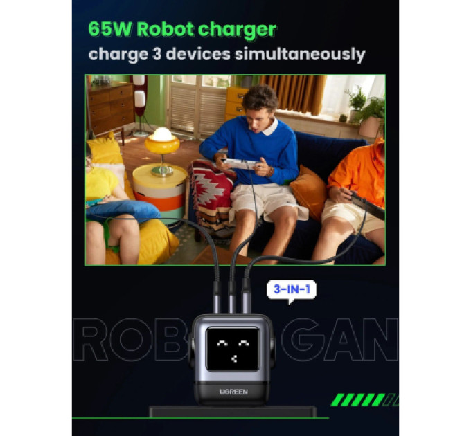Ugreen Зарядний пристрій Ugreen 1xUSB + 2xUSB-C 65W GaN CD361 gray (25685B)