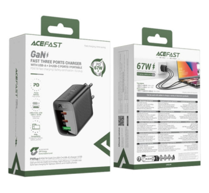 Acefast Зарядний пристрій Acefast 2xUSB-C + 1xUSB 67W GaN black (6974316284048)