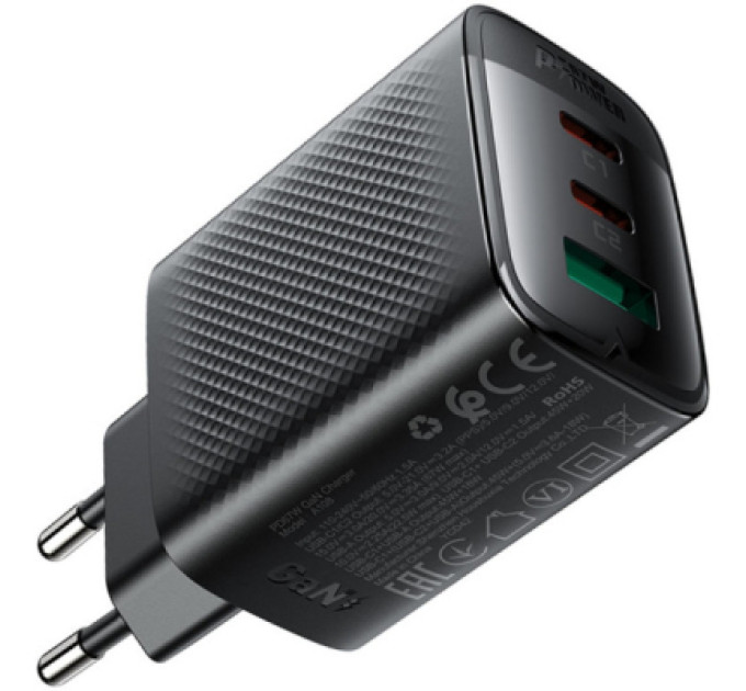 Acefast Зарядний пристрій Acefast 2xUSB-C + 1xUSB 67W GaN black (6974316284048)