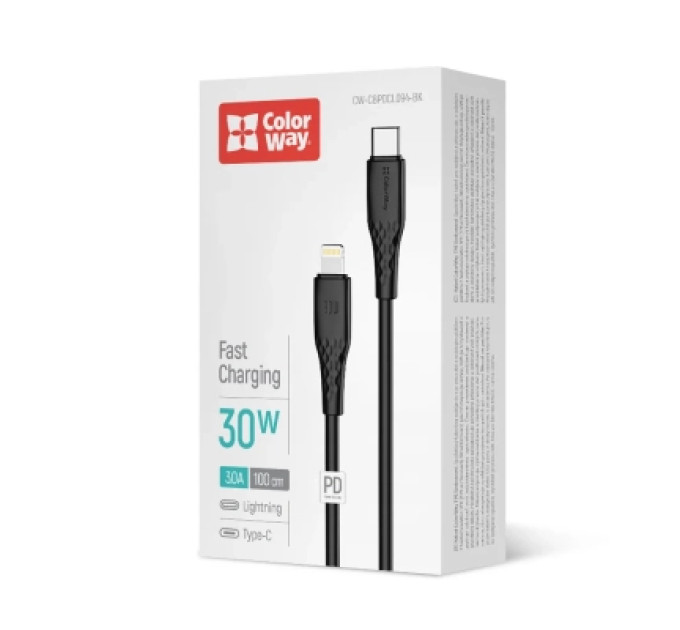 ColorWay Дата кабель USB-C to Lightning 1.0m PD30W textured PVC black ColorWay (CW-CBPDCL094-BK)