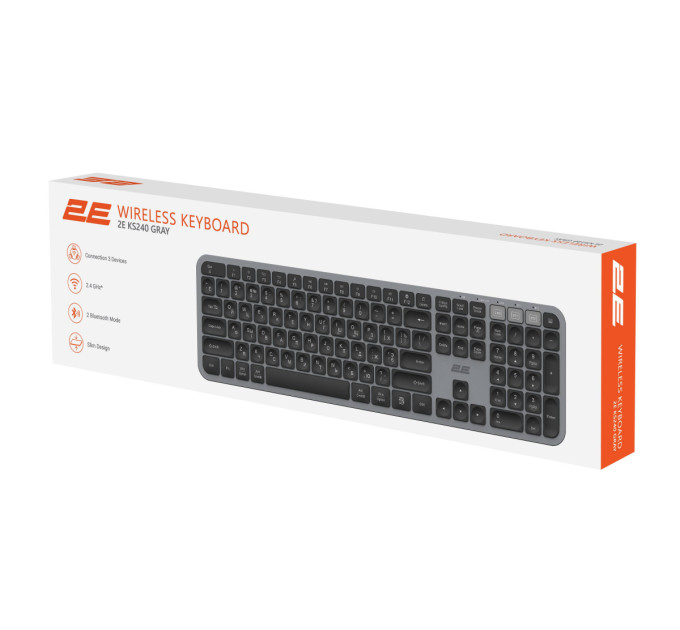 2E Клавіатура мембранна 2E KS240 110key, WL/BT, EN/UK/RU, сіро-чорний