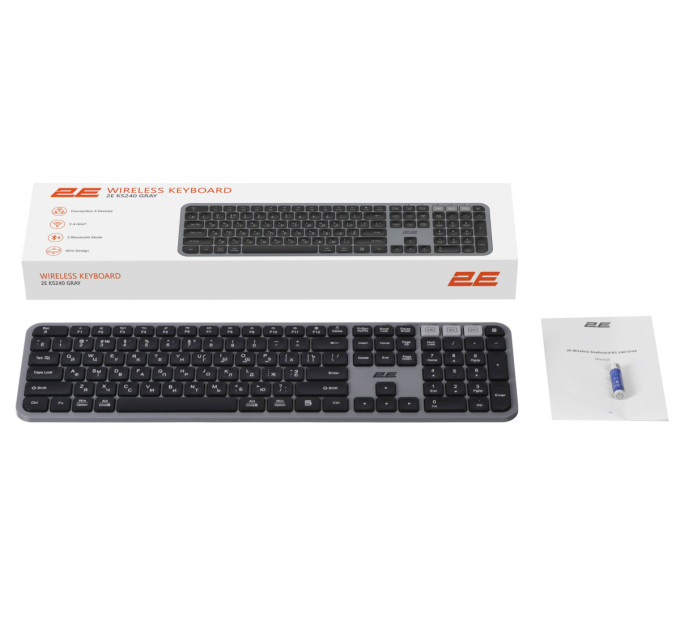 2E Клавіатура мембранна 2E KS240 110key, WL/BT, EN/UK/RU, сіро-чорний