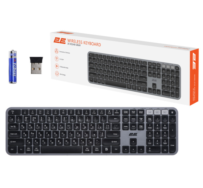 2E Клавіатура мембранна 2E KS240 110key, WL/BT, EN/UK/RU, сіро-чорний