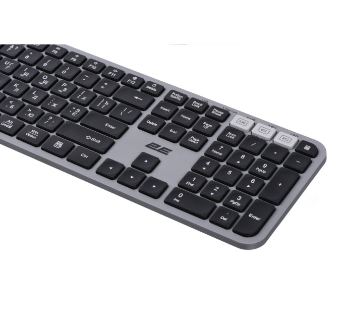 2E Клавіатура мембранна 2E KS240 110key, WL/BT, EN/UK/RU, сіро-чорний