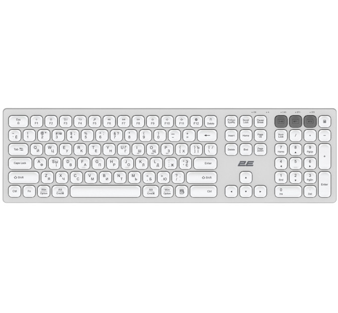 2E Клавіатура ножнична 2E KS270 105key, WL/BT, EN/UK/RU, сріблясто-білий