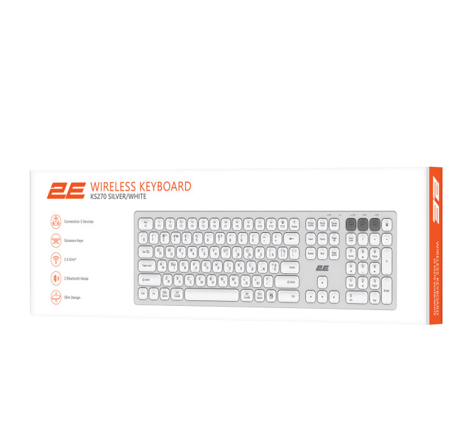 2E Клавіатура ножнична 2E KS270 105key, WL/BT, EN/UK/RU, сріблясто-білий